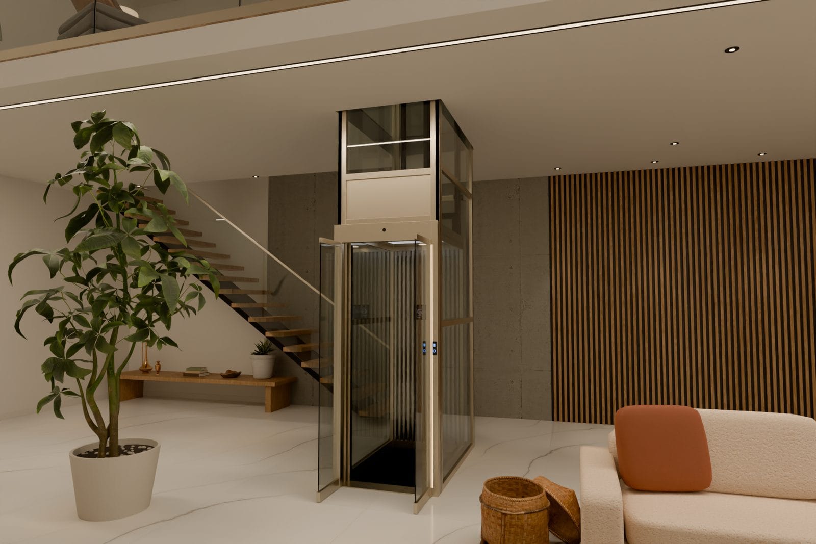 The G+3 lift standing in a living room beside the stair, its glass landing doors open onto the car
